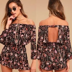 Free People Black Floral Long Sleeve Romper Sz XS